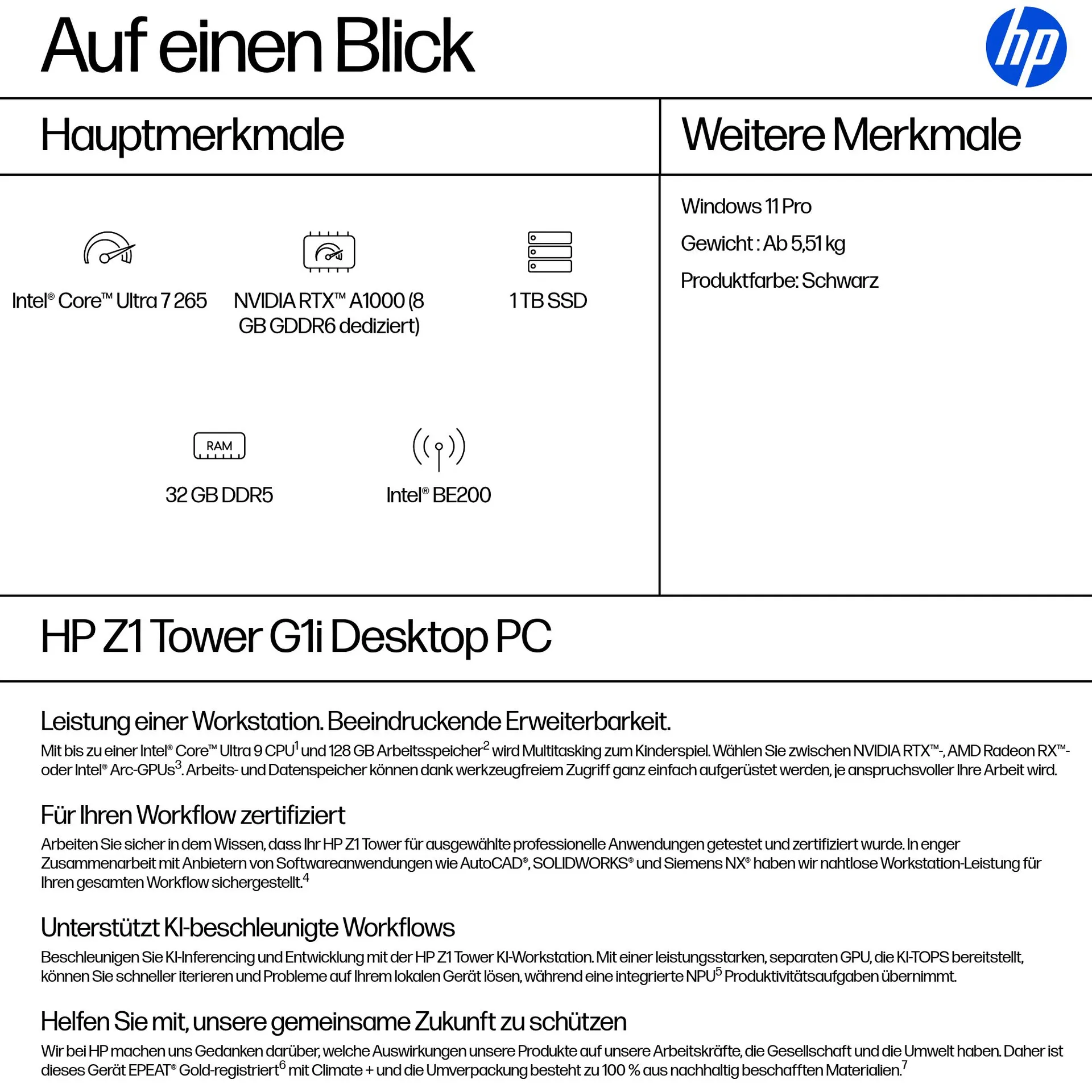 HP Z1 G1i Intel Core Ultra 7 265 32 GB DDR5-SDRAM 1 TB SSD NVIDIA RTX A1000 Windows 11 Pro Tower Arbeitsstation AI Workstation, AI PC Schwarz – Bild 3