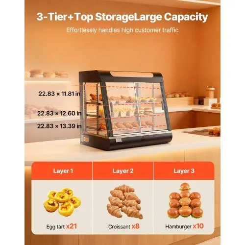 VEVOR 3-stöckige Wärmetheke 100 L, Warmhaltevitrine 1200 W, Warmhaltetheke 30–85 °C, Speisenwärmer mit LED-Beleuchtung & Verstellbaren Ablagen, Speisevitrine für Hamburger Pizza Brot Brathähnchen – Bild 4