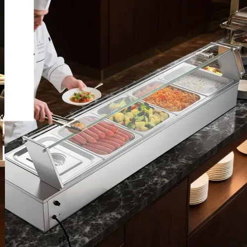 VEVOR kommerzieller Speisenwärmer mit Glasabdeckung & 5 Behälter (1/2-Größe) 1,5 kW Buffetwärmer Edelstahl, Buffetbehälter Buffet-Wasserbad Speisenwärmstation für Restaurants Partys Buffets – Bild 7