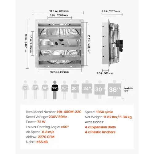 VEVOR 413 mm Abluftventilator mit Lamellen Industrie Wandventilator 72 W, Wandlüfter für Garage Gewächshaus Werkstatt, Stahlgehäuse, 3862 m³/h Lüftung, 1350 U/min Motor, Leiser Betrieb, Wandmontage – Bild 6