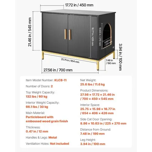 VEVOR Katzenschrank, 700x450x545 mm, Katzentoilette mit Metallbeinen & -griff, Katzenklo Schrank, Katzenhaus passend für die meisten Katzentoiletten, für Schlafzimmer & Wohnzimmer, Schwarz – Bild 6