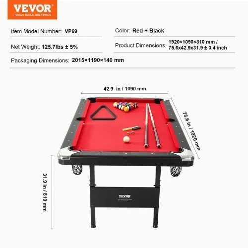 VEVOR Billardtisch, 1,9 m Billardtisch, Tragbarer & Klappbarer Tisch, Billardtisch-Set inkl. Bällen, Queues, Kreide, Schwarz mit Rotem Tuch, Perfekt für Familienspielzimmer, Kinder und Erwachsene – Bild 6