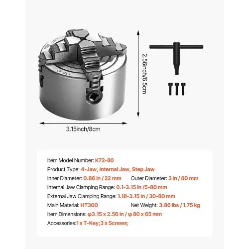 VEVOR 4-Backen-Drehfutter, 80 mm, Spannfutter, 5-80 mm Spannbereich mit T-Schlüssel-Befestigungsschrauben, umkehrbare Backen, HT300-Material, für Holz-Metall-Drehmaschine – Bild 6