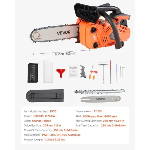 VEVOR 25-cc-Benzin-Kettensäge, Motorsäge 305 mm, 1,02-PS-Säge mit rutschfestem Griff, zwei Kraftstofftanks und Not-Aus-Funktion, max. 12000 U/min, zum Holzfällen, Baumbeschneiden und Roden – Bild 6