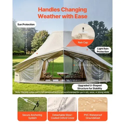 VEVOR Glockenzelt, 4 Jahreszeiten, 6x4x3,1 m, Jurtenzelt mit Ofenrohrdurchführung & Regenhülle, Poly-Baumwoll-Gewebe, bis zu 12 Personen, Ideal für Familien-Camping & Outdoor-Aktivitäten, Beige – Bild 3