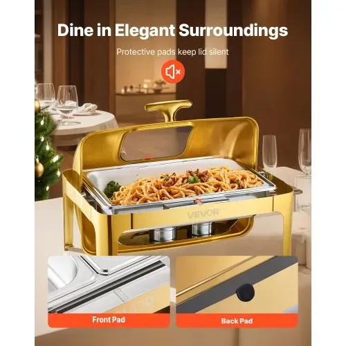 VEVOR Chafing Dish Set Speisenwärmer Edelstahl mit Pfannen in voller Größe (8,5 L), rechteckiger Wärmespender mit sichtbarem Deckel & Wasserpfannenständer & Brennstoffhalter, für Partys Gold – Bild 6