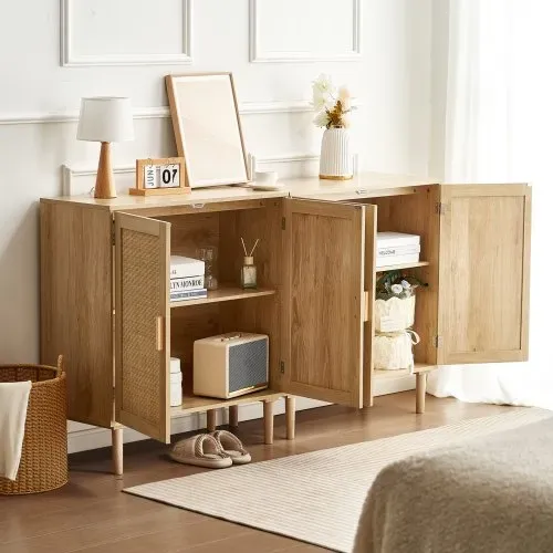 VEVOR Rattanschrank Rattankommode 2 Stk. Aufbewahrungsschrank mit 4 magnetischen Türen, Sideboard Buffetschrank mit verstellbaren Regalen, Ideal für Flur Eingangsbereich Wohnzimmer oder Küche – Bild 7