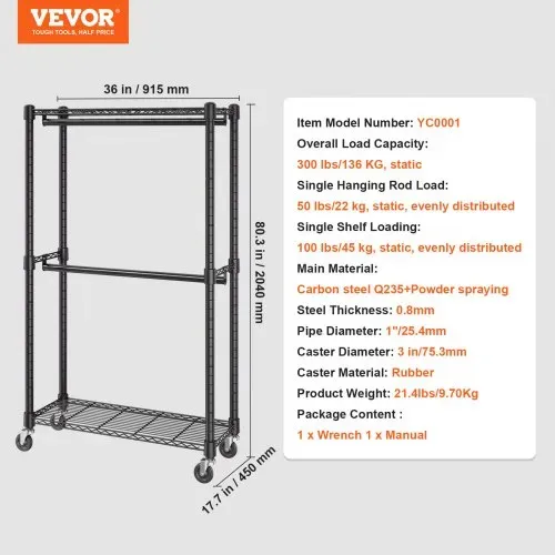 VEVOR Rollbarer Kleiderständer Garderobenständer 1 Kleiderstange, 2-lagig, 136 kg Belastbar Strapazierfähiger Rollbarer Kleiderständer für Schlafzimmer, Wäscheraum, Ankleidezimmer, Eingang usw. – Bild 6