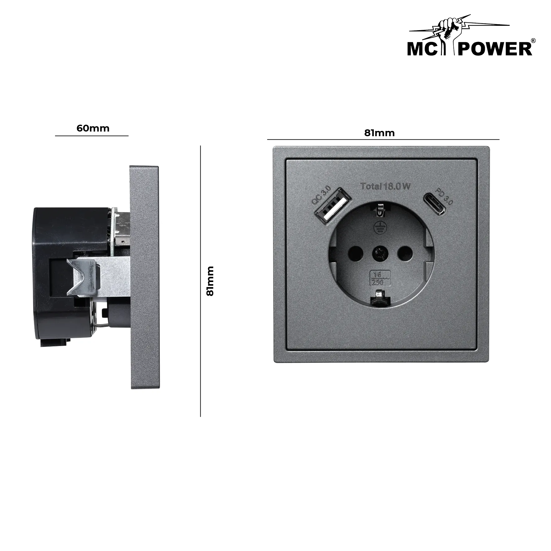 Schutzkontakt-Steckdose McPower ''Shallow'' 1x USB-C - 18W Quickcharge - 1x USB-A – Bild 3