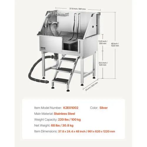 VEVOR Hundewaschstation aus Edelstahl, 961x620x1220 mm Tierpflegewanne mit Ablagetreppe, Wasserhahn, Duschkopf & Seifenhalter, für große, mittelgroße & kleine Haustiere (rechte Tür) – Bild 6