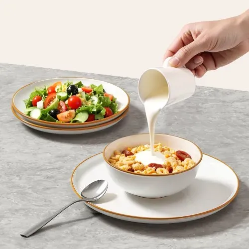 VEVOR Geschirrset für 6 Personen (18-tlg.) runde Teller- und Schüssel-Sets, Essgeschirr aus Keramik, spülmaschinen- und mikrowellengeeignetes Küchengeschirr, für Dessert Salat Suppe Pasta, weiß – Bild 7