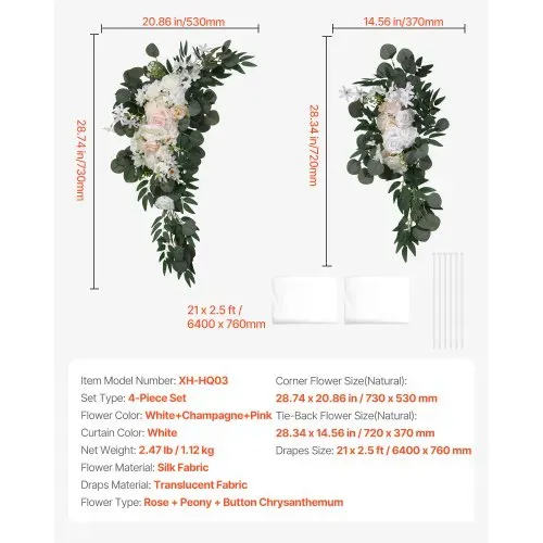 VEVOR Blumenset für Hochzeit Bogen, weiße Blumen für Traubogen mit Vorhängen (4er-Set) – 2 Blumenarrangements, 2 transparente Vorhänge, für Zeremoniensträuße, Empfangshintergrunddekoration – Bild 6