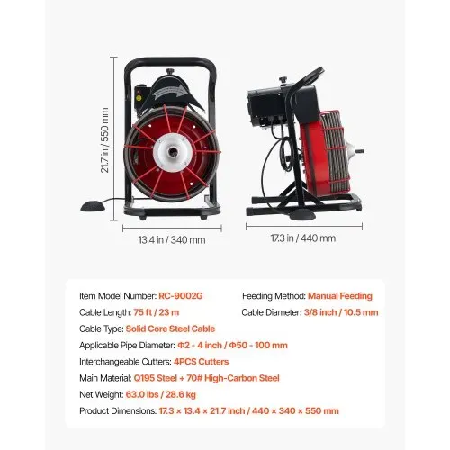 VEVOR Rohrreinigungsmaschine φ10,5 mm x 23 m, Reinigungsspirale mit Manueller Zufuhr, 4 Schneidmessern & Pneumatischem Fußschalter, Reiniger für Rohre von 50 mm bis 100 mm, Rohrreinigungsgerät – Bild 6