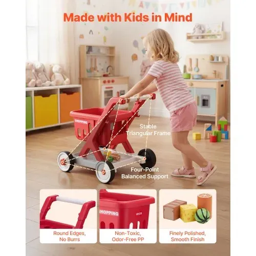 VEVOR Einkaufswagen für Kinder, Einkaufswagen Supermarkt Spielzeug mit Spiel-Lebensmittel Zubehör & Rollen, Höheverstellbares PP-Kaufladenzubehör mit Licht Sound Kaufmannsladen Spiele für Kinder ab 2 – Bild 4