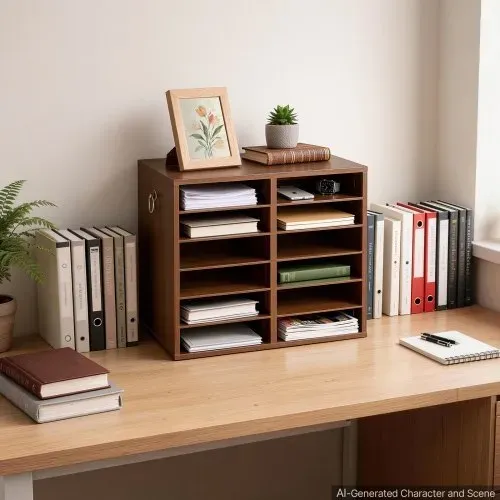 VEVOR Dokumentenablage Holz Schreibtisch Organizer mit 12 Fächern Braun, Ablagefach für Standard-A4-Dokumente Akten & Papiere, mit Verstellbaren Einlegböden für Büro, Zuhause & Klassenzimmer, MDF – Bild 7