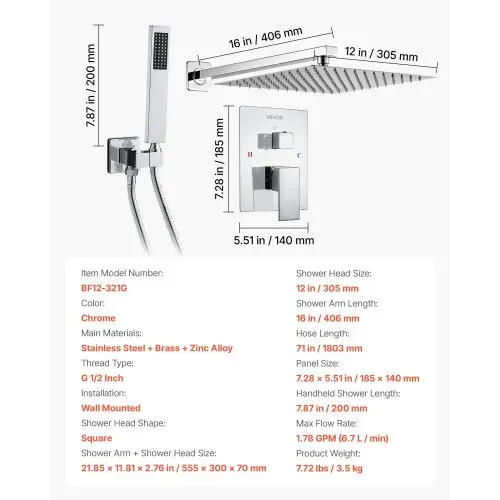 VEVOR Duscharmatur Regenduschsystem fürs Badezimmer Duschsystem mit 305 mm quadratischen Regenduschkopf & Handbrause, wandmontierte Badezimmerarmaturen mit Messingventil & Zierset, Silberchrom – Bild 6