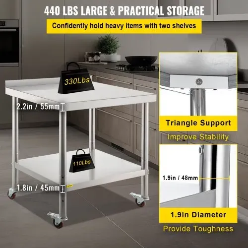 VEVOR Arbeitstisch Edelstahl, Edelstahltisch mit Höhenverstellbarer Ablage, Küchentisch mit 4 Universalräder und Aufkantung 91,4 x 61 x 89 cm, Zubereitungstisch Max. 150 kg + 50 kg Edelstahltisch – Bild 2