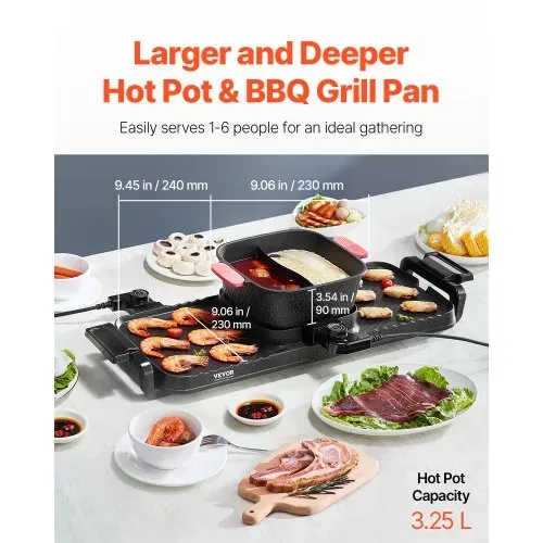 VEVOR Hot Pot 2300 W 2 in 1 elektrischer rauchfreier Grill abnehmbarer Shabu-Shabu-Topf mit Antihaft-Pfanne, separate doppelte Temperaturregelung, koreanischer Indoor BBQ Grill für 1–6 Personen – Bild 2