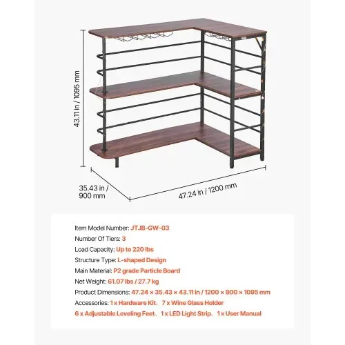 VEVOR L-Förmige Hausbar mit Stauraum, Bartheke mit 3 Ebenen & Weinglashalter, 99,8 kg Belastbar, Eck-Bartresen aus Holzwerkstoff für Zuhause Küche Wohnzimmer Keller, Bartisch 1200 x 900 x 1095 mm – Bild 6
