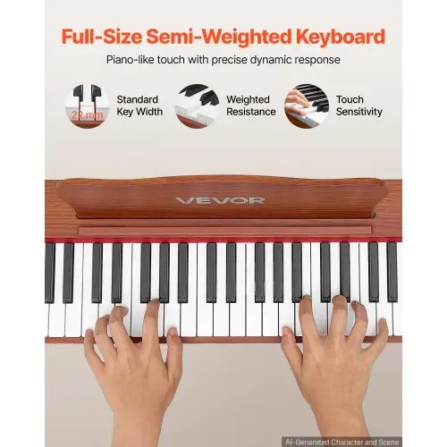 VEVOR Digitalpiano 88 Halbgewichtete Tasten in Standardgröße E-Piano Braun für Anfänger, 600 Klangfarben, 600 Rhythmen, USB, MIDI, Audioausgang, Kopfhörerbuchse, Sustain-Pedal und HiFi-Lautsprechern – Bild 2
