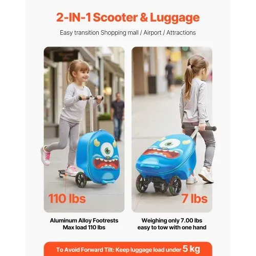 VEVOR Scooter Koffer, 20 L Fassungsvermögen, Reisekoffer mit Flash-PU-Rädern, TPR-Anti-Rutsch-Griff, max. Gewichtskapazität 50 kg, Kinderkoffer Handgepäck, für Kinder ab 5 Jahren, Blau – Bild 3