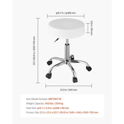 VEVOR runder Sattelhocker Rollhocker 204 kg belastbarer höhenverstellbarer (55-71 cm) Drehhocker Arbeitshocker PU-Leder-Drehsattelstuhl geeignet für Salon Spa Massage Klinik weiß – Bild 6