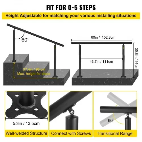 VEVOR Treppengeländer ohne Querstreben 152,8x91cm Handlauf Max. Höhe für Stufen Geländer aus Aluminium 70kg Tragfähigkeit Schwarz Ideal für Treppe mit 0-5 Stufen Veranden Gärten Hotels Garagen – Bild 2