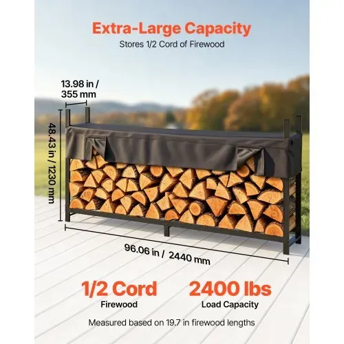 VEVOR Kaminholzregal 1/2 Cord Brennholzregal Feuerholzregal 2440x355x1230mm, für Kamin Terrasse Balkon, Rahmen aus Kohlenstoffstahl Pulverbeschichtet, Tragfähigkeit 1100 kg, Kapazität 904,04 L Schwarz VEVOR Kaminholzregal 1/2 Cord Brennholzregal Feuerholzregal 2440x355x1230mm, für Kamin Terrasse Balkon, Rahmen aus Kohlenstoffstahl Pulverbeschichtet, Tragfähigkeit 1100 kg, Kapazität 904,04 L Schwarz