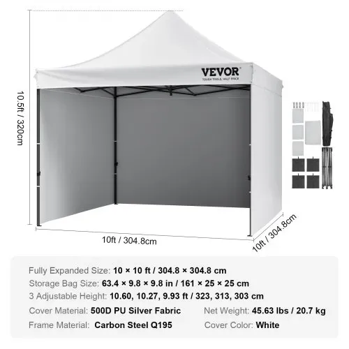 VEVOR Pavillon 304,8x304,8x320cm Gartenzelt 500D PU-Silber-Gewebe Faltpavillon höhenverstellbar inkl. Aufbewahrungstasche Partyzelt 6-8 Personen Pop up Zelt Weiß Gartenpavillon für Campingausflug – Bild 6