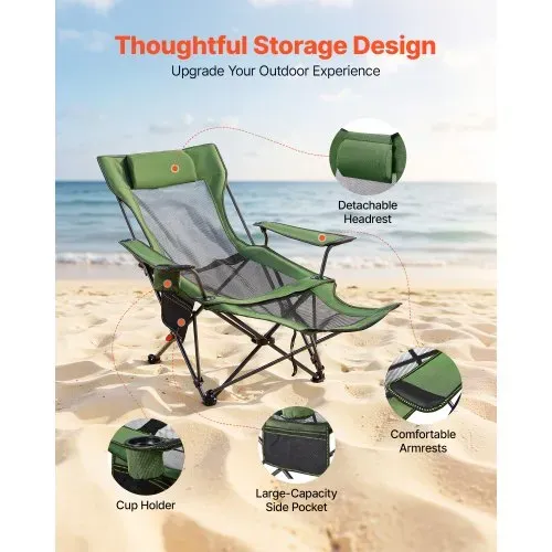 VEVOR Campingstuhl faltbar, Liegestuhl mit 4 verstellbaren Positionen, Relaxsessel Liege mit Getränkehalter, Netz-Strandstuhl mit Kopfstütze & Fußstütze, trägt 100 kg, für Outdoor Camping, grün – Bild 4