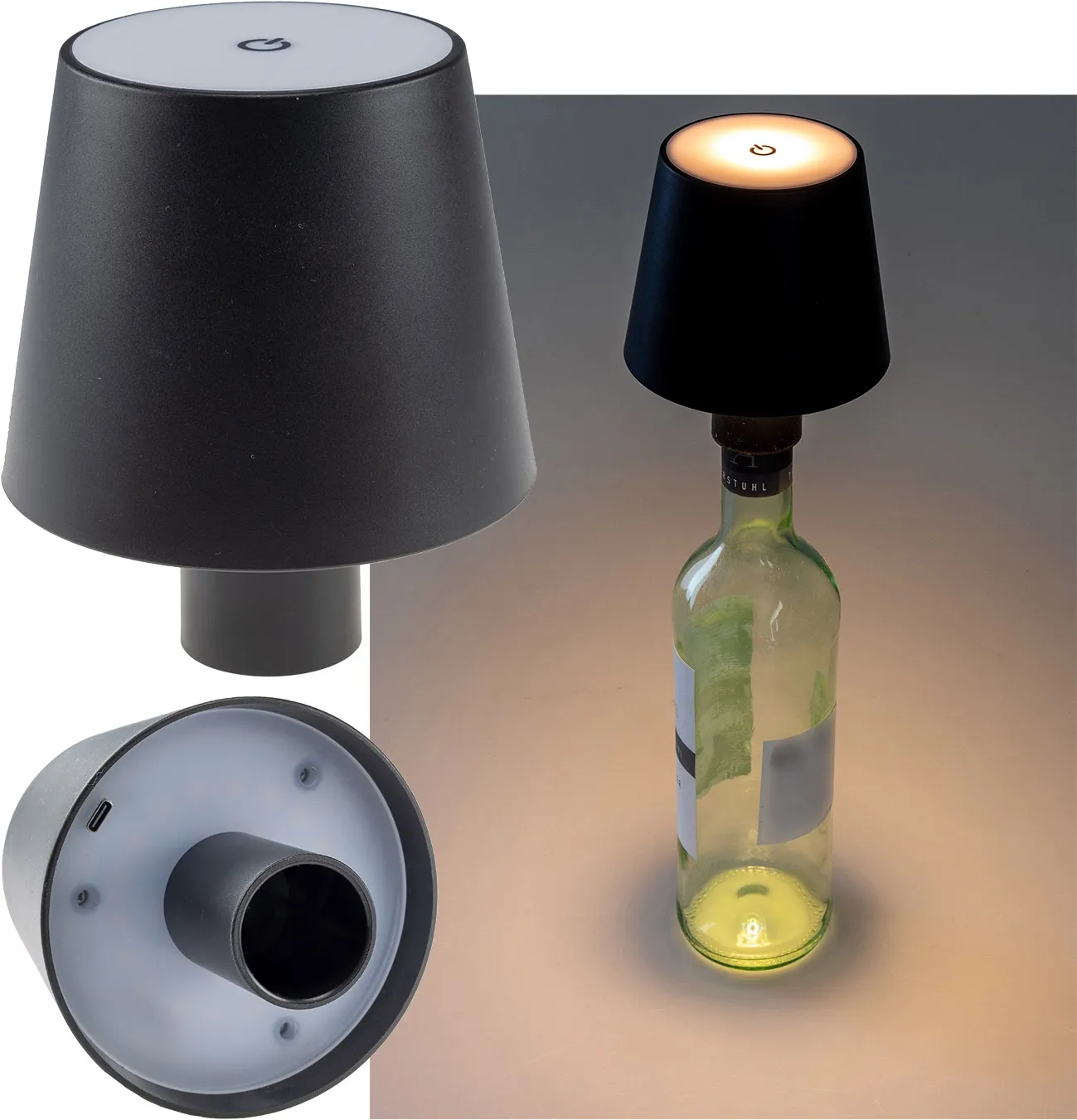 LED Akku Flaschenleuchte warmweiß, USB-C, ØxH 10x12cm LED Akku Flaschenleuchte warmweiß, USB-C, ØxH 10x12cm