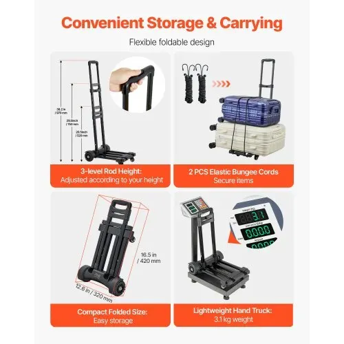 VEVOR Sackkarre klappbar, 131,5kg Tragkraft, Transportkarre mit 4 Rädern, 2 elastischen Seilen & erweiterbarer Basis, Transportwagen für Flughafen, Reisegepäck, Büroumzüge, Schwarz, 530x320x970mm – Bild 2