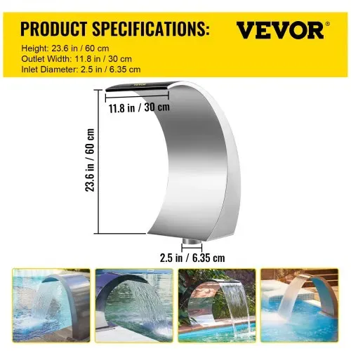 VEVOR Schwalldusche Pool 30 x 60 x 45 cm Schwallbrause, Grau Pool Wasserschwall, Edelstahl Schwimmbad Poolfontäne, Gartenteich Dekoration Brunnen, Konstanter Wasserfluss, Gebogenes Design – Bild 6