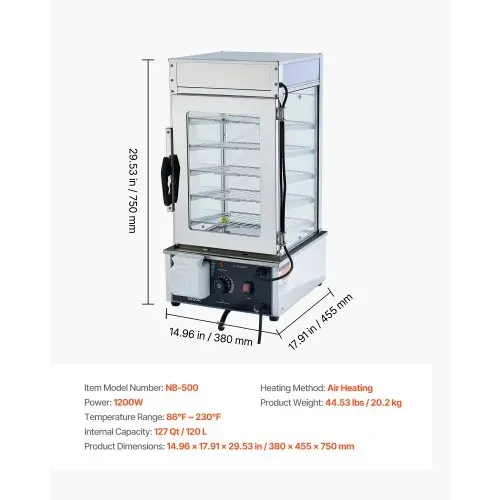 VEVOR 5-stufiger Gewerblicher Speisenwämer 120 L 30 bis 110 ℃, 1200 W Brötchendämpfer LED-Beleuchtung & Verstellbaren Ablagen & Edelstahlrahmen, Warmhaltevitrine für Hamburger Mantou Brot – Bild 6