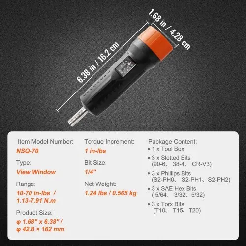 VEVOR 1/4-Zoll-Antriebs-Drehmomentschraubendreher-Schlüsselsatz, 1,13–7,91 Nm Drehmoment-Einstellbereich, 1 in-lb-Schritte Drehmomentschraubendreher, Schraubendreher-Bohrer-Set mit Sichtfenster – Bild 6
