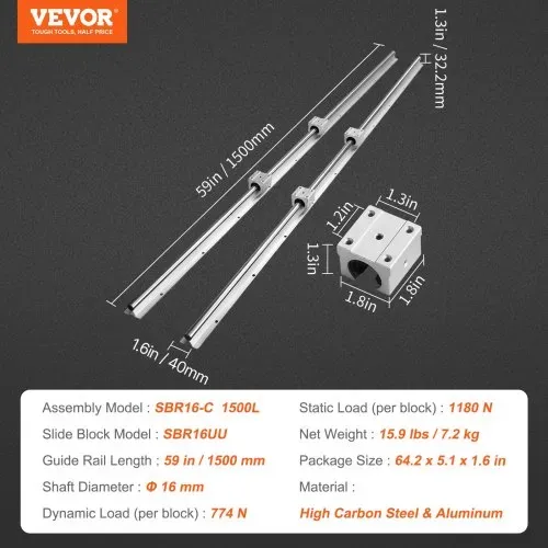 VEVOR Linearführung Linearschiene 2 Stk. SBR16-1500mm Kohlenstoffstahl Aluminium Führungsschiene mit 4 Stk. SBR16UU-Gleitblöcke Linearlager Lagerblock CNC Teile für 3D Drucker Fräs-/Drehmaschine – Bild 6