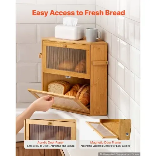 VEVOR Eck-Brotkasten 2 Ebenen Acrylfenster Brotbox 35x35x42 cm Bambusholz Ideal für Bagels, Muffins & Selbstgebackenes Brot, mit Magnetverschluss, Seitenhaken & Belüftungslöchern, Brotkiste Küche – Bild 2