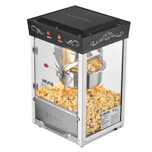 VEVOR Popcornmaschine mit Edelstahlkessel, 800 W kommerzieller Popcornmaker, 48 Tassen pro Ladung, Kinostil, mit 2-Tasten-Bedienung, Glaswand, PC-Tür, 1 Portionierer, 3 Löffel, Schwarz – Bild 9