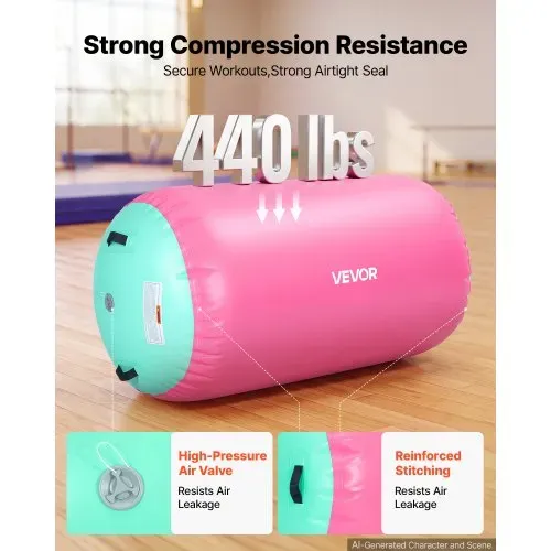 VEVOR Airtrack Rolle 120 x 75 cm Aufblasbare Turnrolle mit Pumpe Pink, für Turnhallen, Schulen, Vereine und Gärten, 200 kg Tragkraft, Einstellbarer Luftdruck, Silikongriffe, Schlauch und Tasche – Bild 2