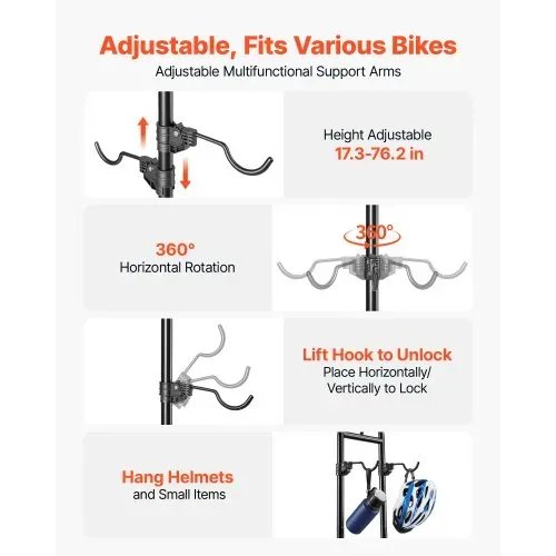 VEVOR Fahrradständer Vertikaler Abstellständer für 2 Fahrräder Schwarz, Kohlenstoffstahlrahmen, Mit Höhenverstellbare Haken, Freistehend & Bohrlos, Max. 45,5 kg Tragkraft, Universal für MTB Rennrad – Bild 3