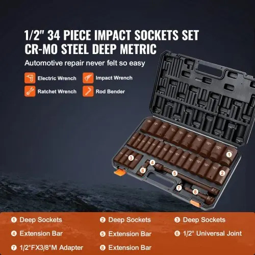 VEVOR Schlagschrauber-Set, 34-teilig, 6-Punkt-12,7-cm-Antrieb, Bit-Ratschen-Werkzeugset-Koffer – Bild 2
