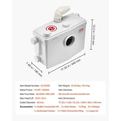 VEVOR Hebeanlage 1200 W, 180 L/min Durchfluss, 10 m Förderhöhe, Schmutzwasserpumpe mit 4 Wassereinlässen, Abwasserhebeanlage für Toilette, Keller, Dusche, Waschbecken, Waschküche, Badewanne – Bild 6