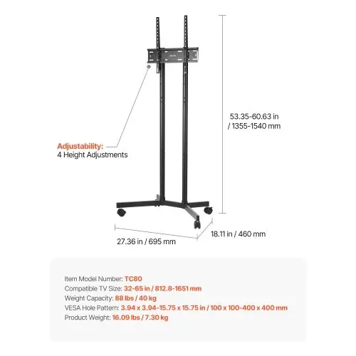 VEVOR rollbarer TV-Ständer Standfuß Fernsehstand für 812,8-1651 mm flach & Curved-TVs, höhenverstellbarer TV Bodenständer bis zu 40 kg (Max. VESA 400 x 400 mm) für Wohnzimmer Schlafzimmer – Bild 6