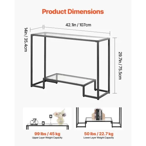 VEVOR 2-stufiger Konsolentisch moderner rechteckiger Flurtisch (107 x 35,4 x 75,5 cm) mit Platte aus gehärtetem Glas, Sofa-Beistelltisch mit Kippschutz für Wohnzimmer Flur Eingangsbereich Foyer – Bild 2