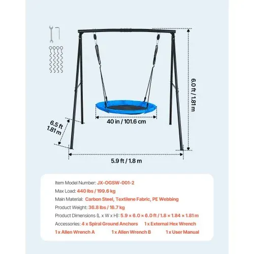 VEVOR Gartenschaukel mit A-förmigem Metallgestell, Schaukelsitz (101,6 cm Groß), bis zu 199,6 kg Tragkraft, Schaukelset Outdoor, Verstärkt mit Spiralförmigen Bodenankern, Tellerschaukel Schwarz Blau – Bild 6