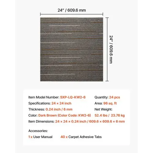 VEVOR Teppichfliesen 609,6 x 609,6 x 6 mm, 24er-Pack, modularer Teppichboden mit Fläche von 9 m², Teppich Bodenbelag, einfacher DIY-Austausch für Wohnzimmer und Büro, Dunkelbraun – Bild 6