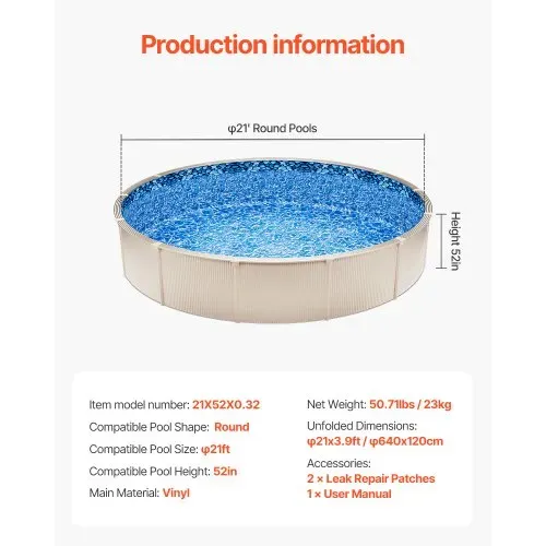 VEVOR Runde Poolfolie, φ 640x120 cm, Innenfolie, Ersatzfolie, Innenhülle, Schwimmbadfolie, Vinyl-Folie im Unibead-Stil mit Standardstärke, für Aufstellpools mit 132 cm Wandhöhe – Bild 6