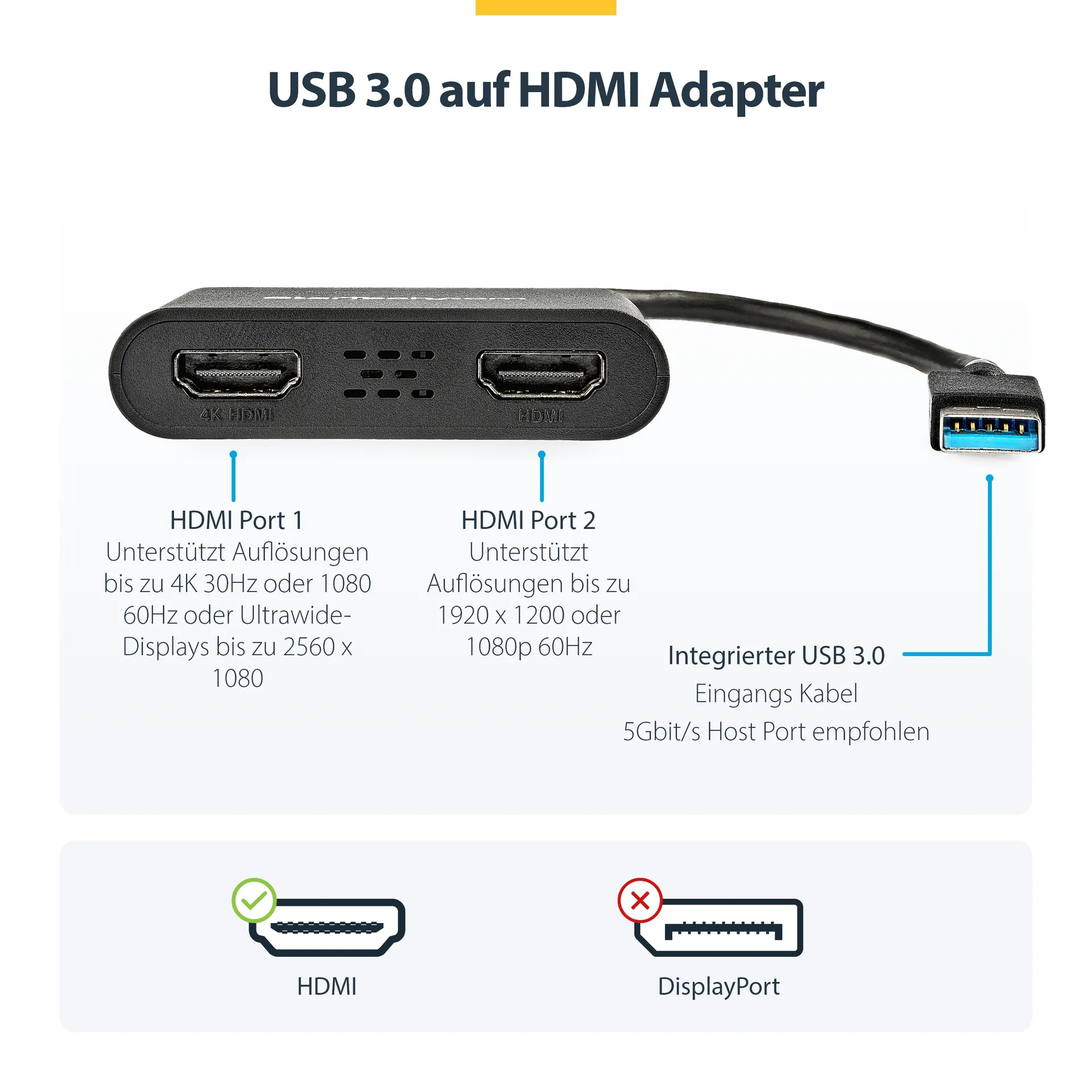 StarTech.com USB 3.0 auf Dual HDMI Adapter - 1x 4K 30Hz & 1x 1080p - Externe Video- und Grafikkarte - USB-A auf HDMI Dual Monitor Display Adapter - Unterstützt nur Windows - Schwarz – Bild 6