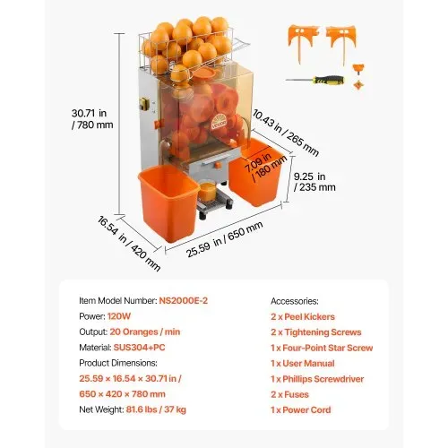 VEVOR Gewerbliche Orangenpresse Elektrische Zitruspresse 120 W Edelstahl, Saftpresse für bis zu 20 Orangen pro Minute, Entsafter für Zitronen Zitrusfrüchte mit 2 Schalen-Auffangbehältern (Kunststoff) – Bild 6