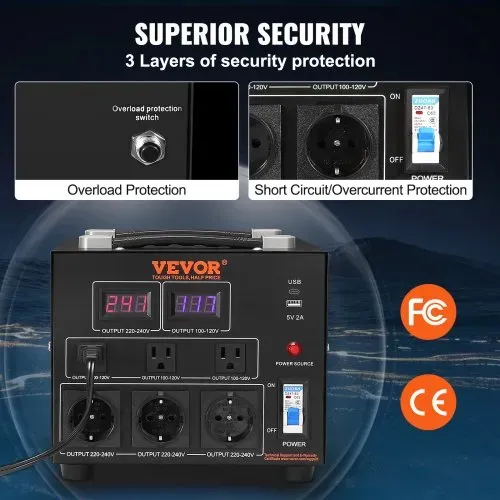 VEVOR 5000W Spannungswandler Transformator AC 110V⇋220V Transformer Wandler 3x US NEMA 5-15R 3-polige / 3x europäische Shucko-Ausgangssteckdosen, 1x 5V-USB-Anschluss und 1x Typ-C-Buchse – Bild 3